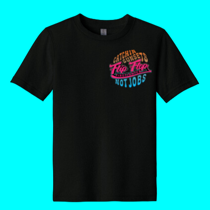 Black t-shirt with colorful text on a blue background