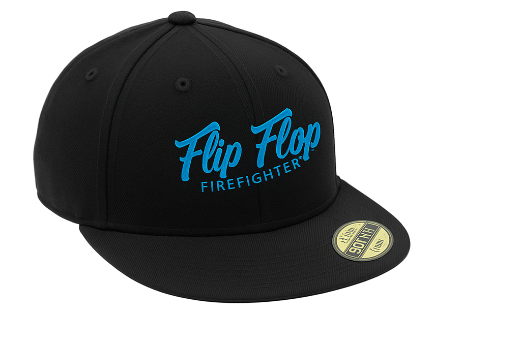 Black cap with blue 'Flip Flop Firefighter' text on a white background
