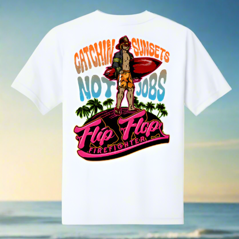 White t-shirt with colorful graphic design on a beach background