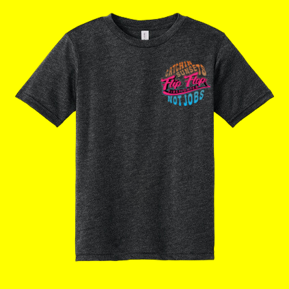 Black t-shirt with pink and white text on a yellow background