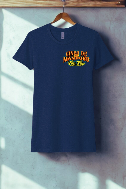Navy blue t-shirt with yellow text on a wooden hanger against a textured wall.