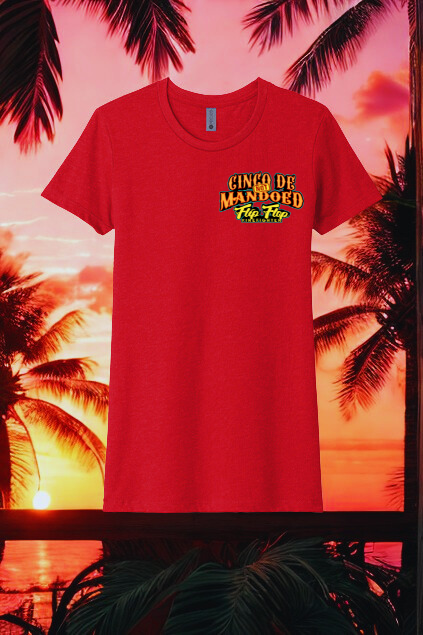 Red t-shirt with yellow text against a tropical sunset background