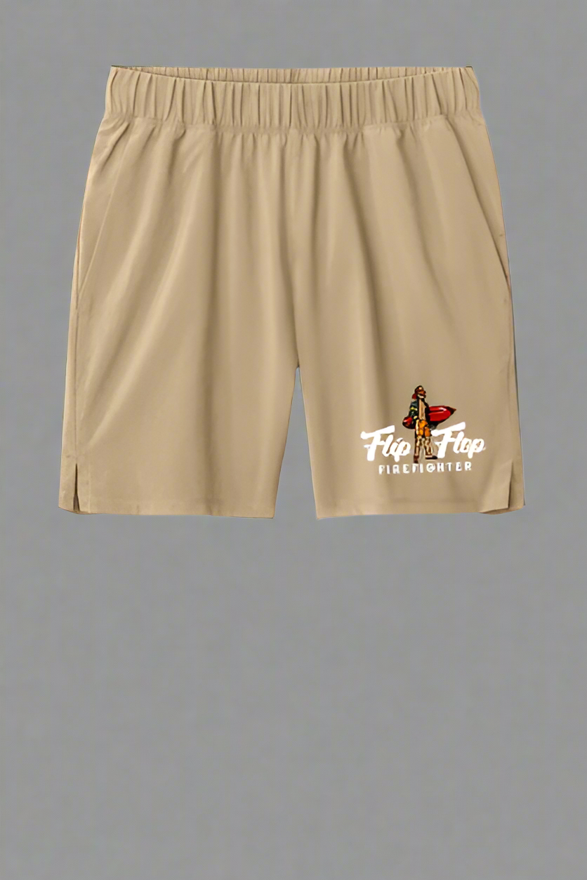 Beige shorts with a logo on a white background