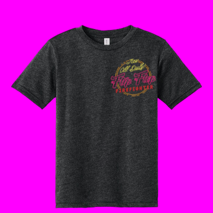 Black t-shirt with colorful graphic design on a white background