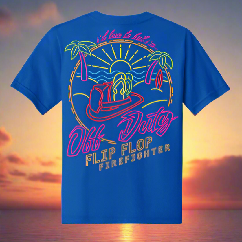 Blue t-shirt with a colorful graphic and text on the back, on a white background