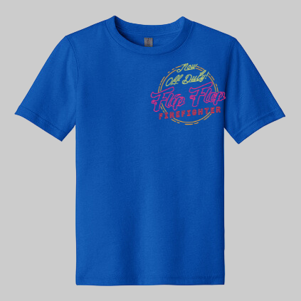 Blue t-shirt with a colorful graphic design on a gray background