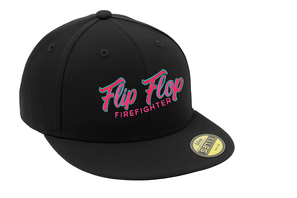 Black cap with 'Flip Flop Firefighter' text on a white background
