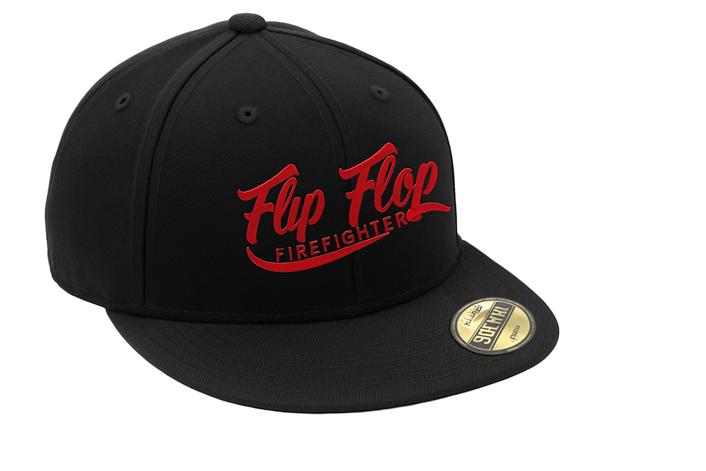 Black cap with red 'Flip Flop Firefighters' text on a white background