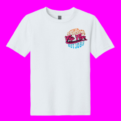 White t-shirt with colorful text design on a pink background