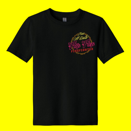 Black t-shirt with a colorful graphic on a yellow background