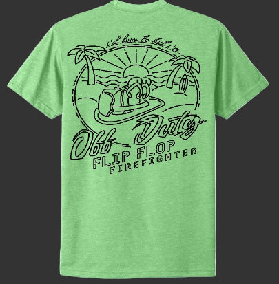 Green t-shirt with black graphic and text on a white background