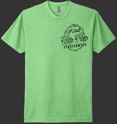 Green t-shirt with black text and graphic on a white background