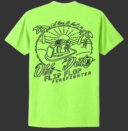 Neon green t-shirt with black graphic and text on a white background