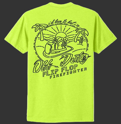 Neon green t-shirt with black graphic and text on a white background