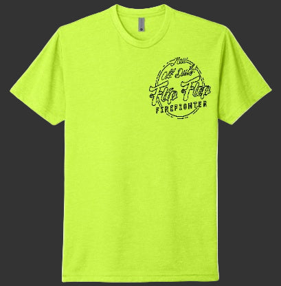 Neon green t-shirt with black graphic design on a white background