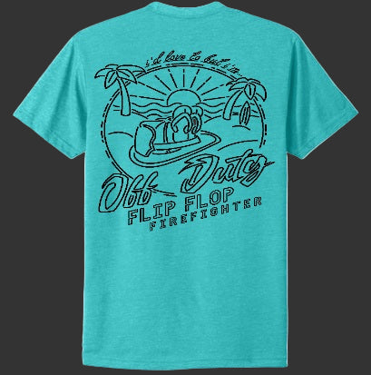 Turquoise t-shirt with graphic design and text on the back against a white background