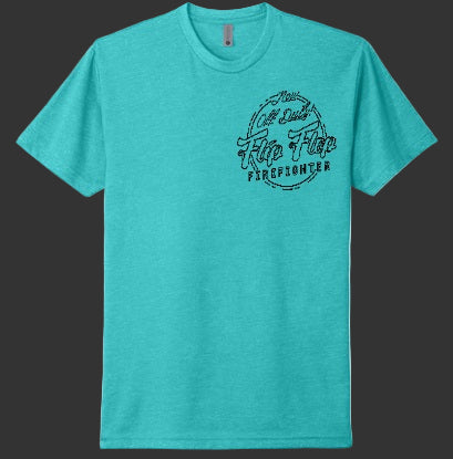 Turquoise t-shirt with black graphic design on a white background