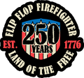 Flip Flop Firefighter America 250 sticker featuring a patriotic shield design with red, white, and blue colors.