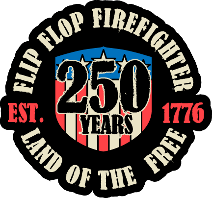 Flip Flop Firefighter America 250 sticker featuring a patriotic shield design with red, white, and blue colors.