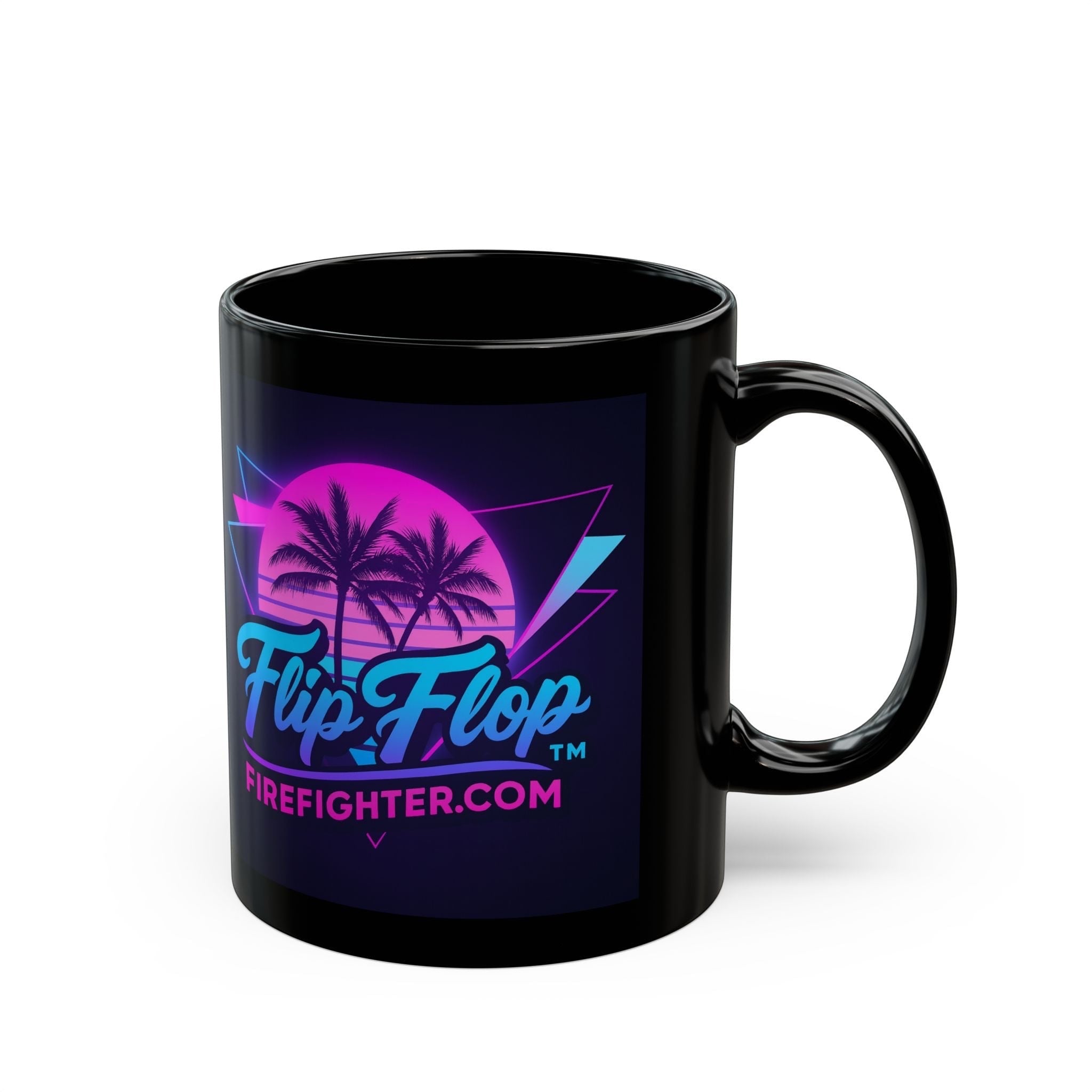 Flip Flop Firefighter black ceramic mug featuring a vibrant neon Miami-style palm tree sunset graphic