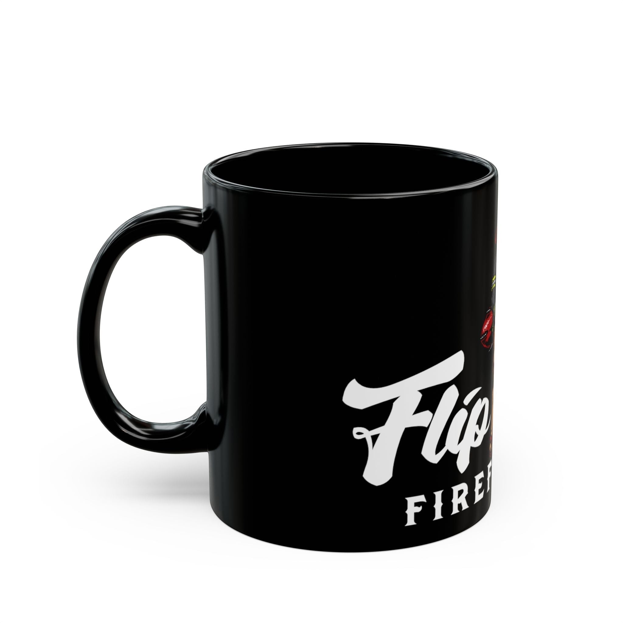 Flip Flop Firefighter glossy black ceramic coffee mug with white printed logo and comfortable C-shaped handle