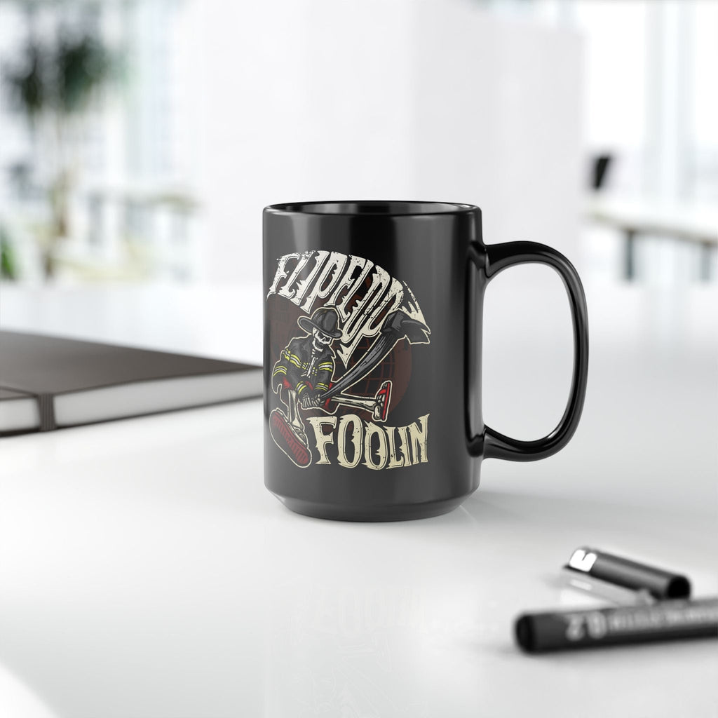 Flip Flop Firefighter glossy black ceramic coffee mug featuring a skeleton firefighter graphic and bold text