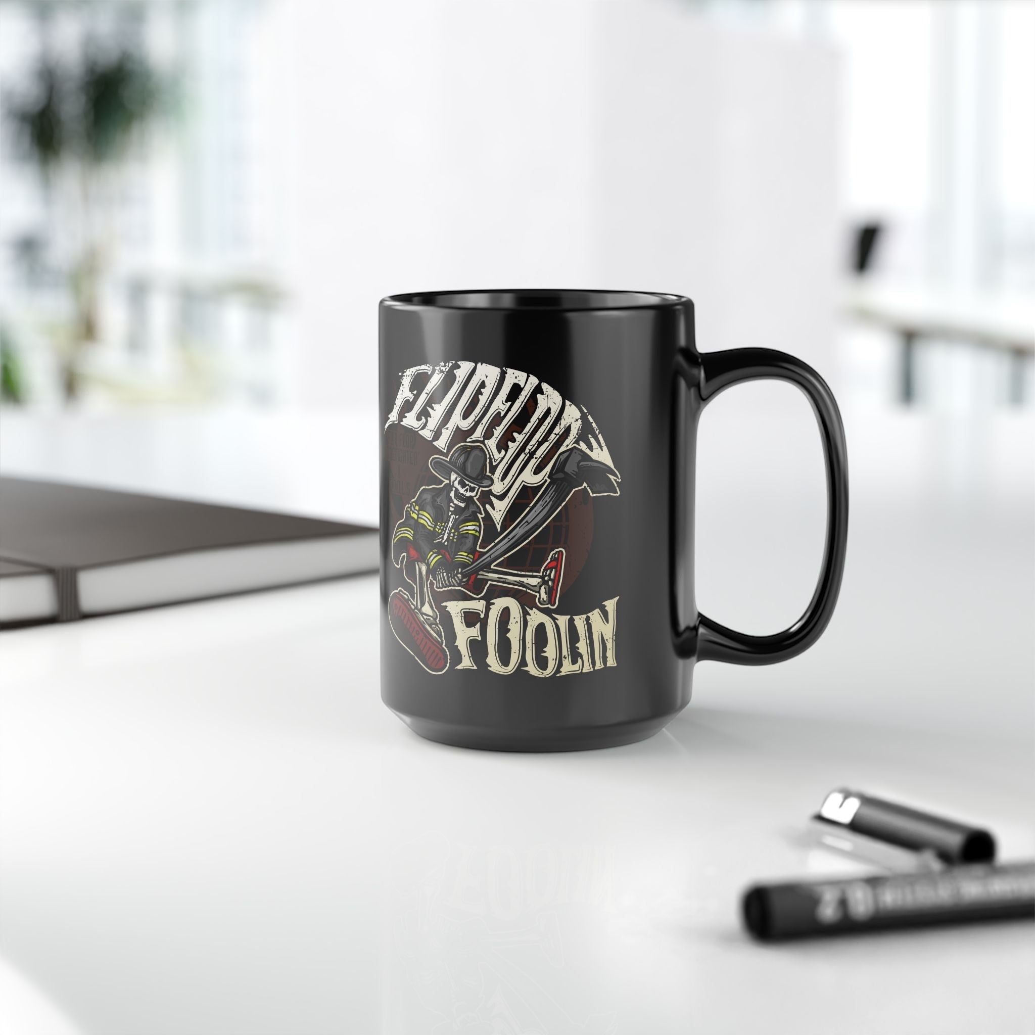 Flip Flop Firefighter glossy black ceramic coffee mug featuring a skeleton firefighter graphic and bold text