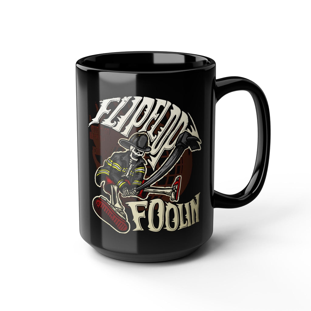 Flip Flop Firefighter glossy black ceramic coffee mug featuring a skeleton firefighter graphic with Flippin Foolin