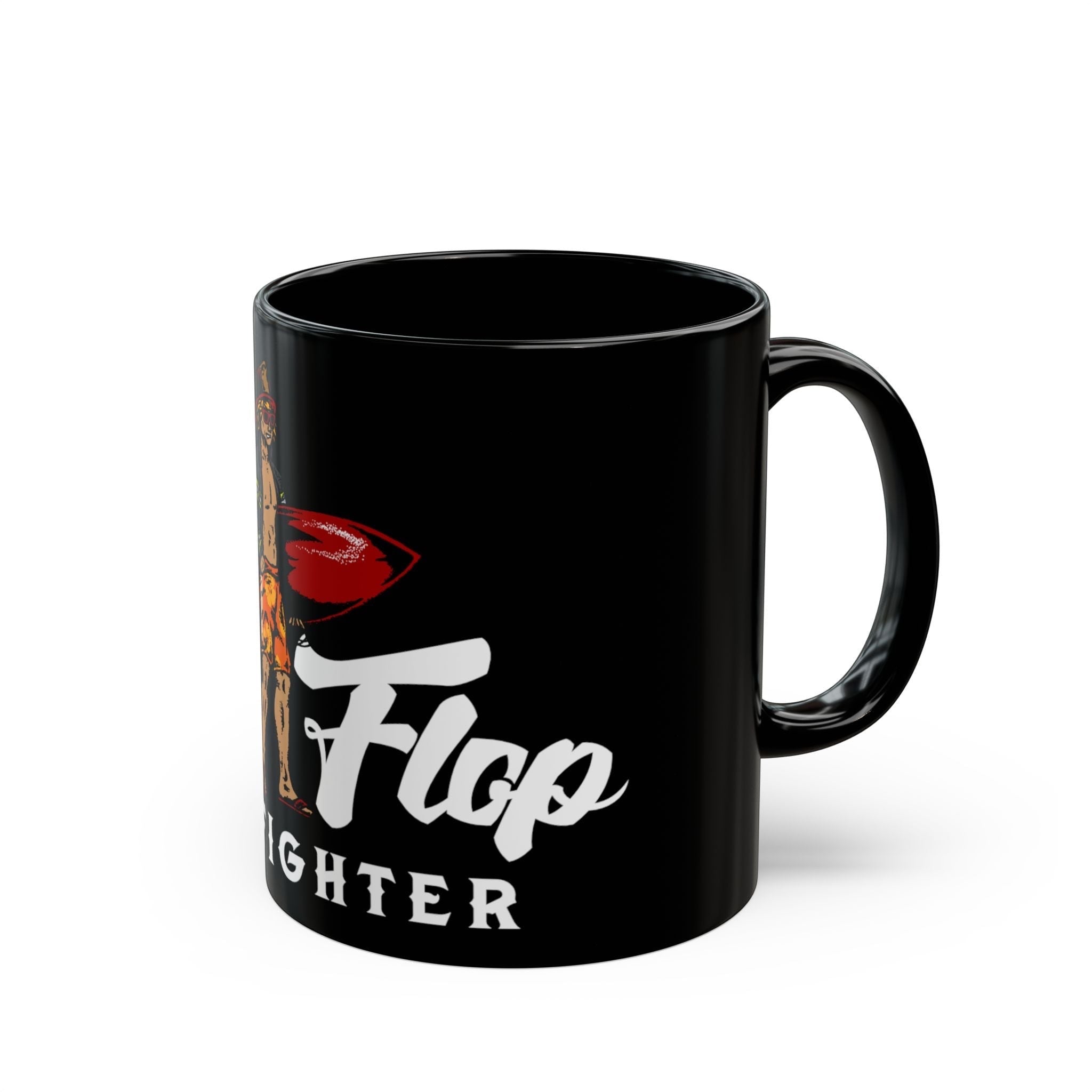 Flip Flop Firefighter glossy black ceramic coffee mug featuring a colorful firefighter surfer graphic design.
