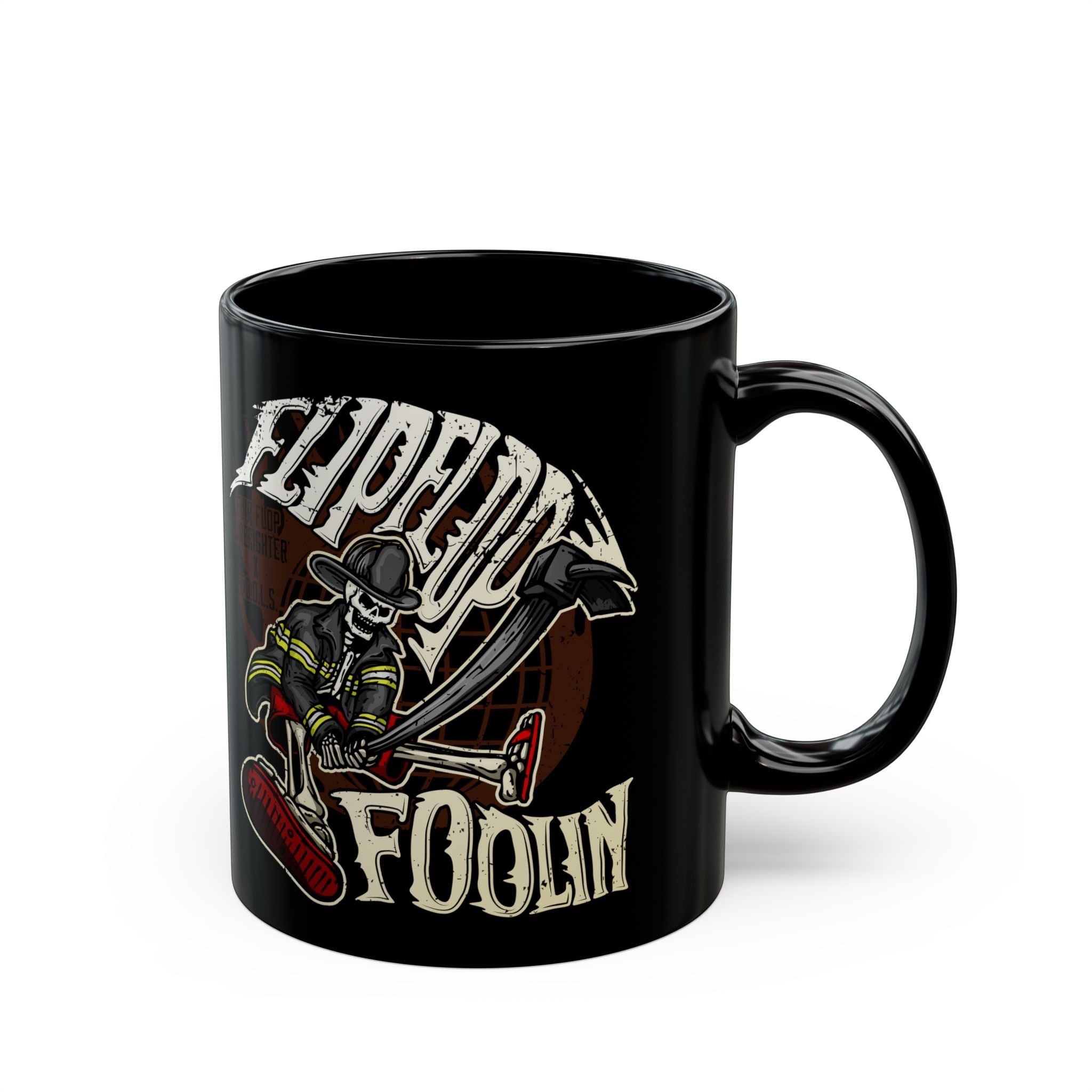 Flip Flop Firefighter glossy black ceramic coffee mug featuring a skeleton firefighter graphic with an axe.