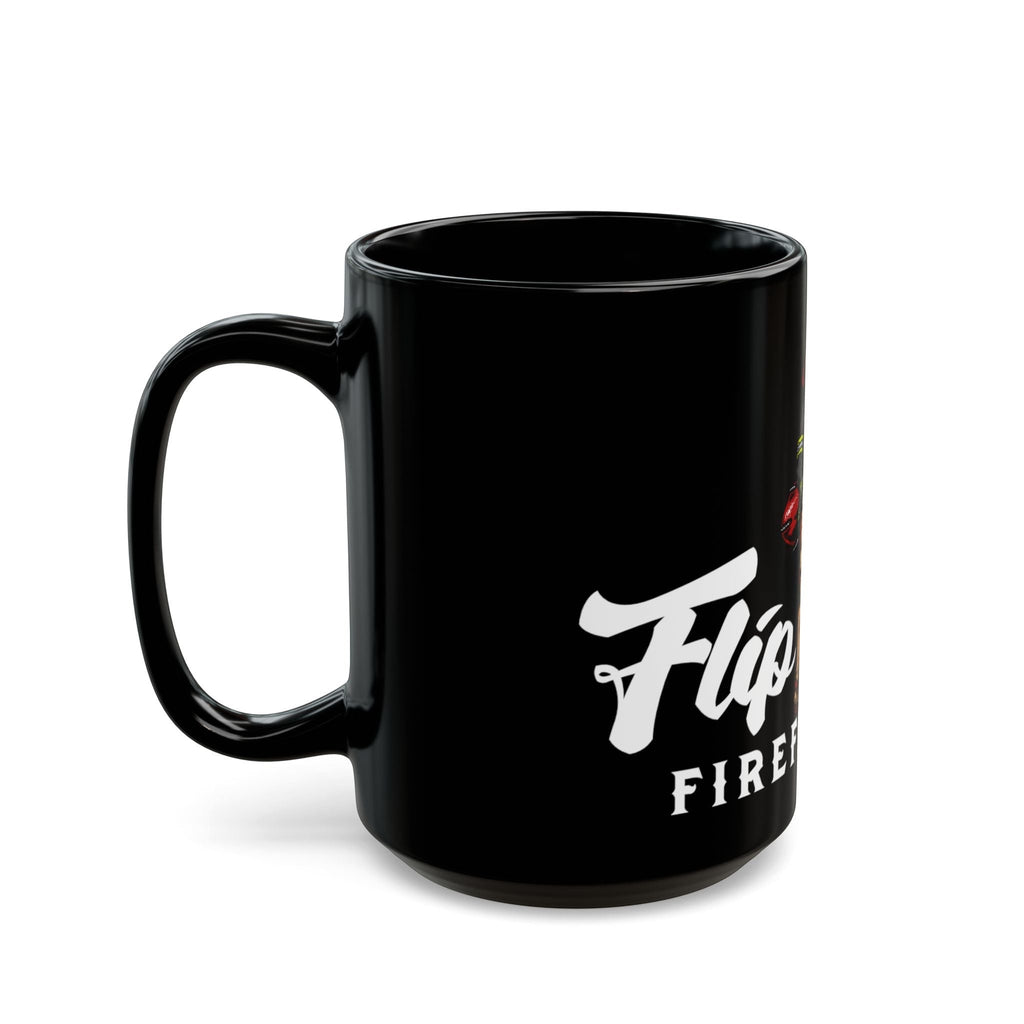 Flip Flop Firefighter glossy black ceramic coffee mug with white firefighter surfer logo and C-shaped handle