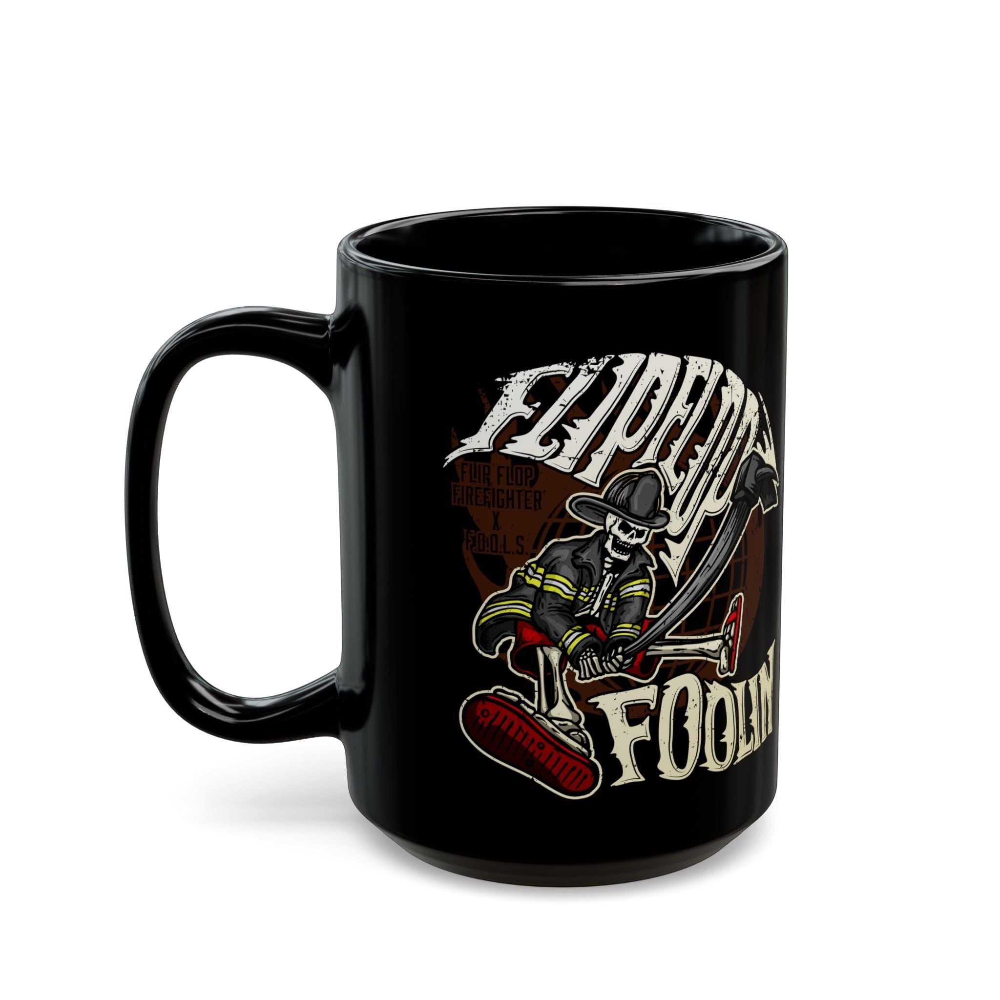 Flip Flop Firefighter glossy black ceramic coffee mug featuring a skeleton firefighter graphic design