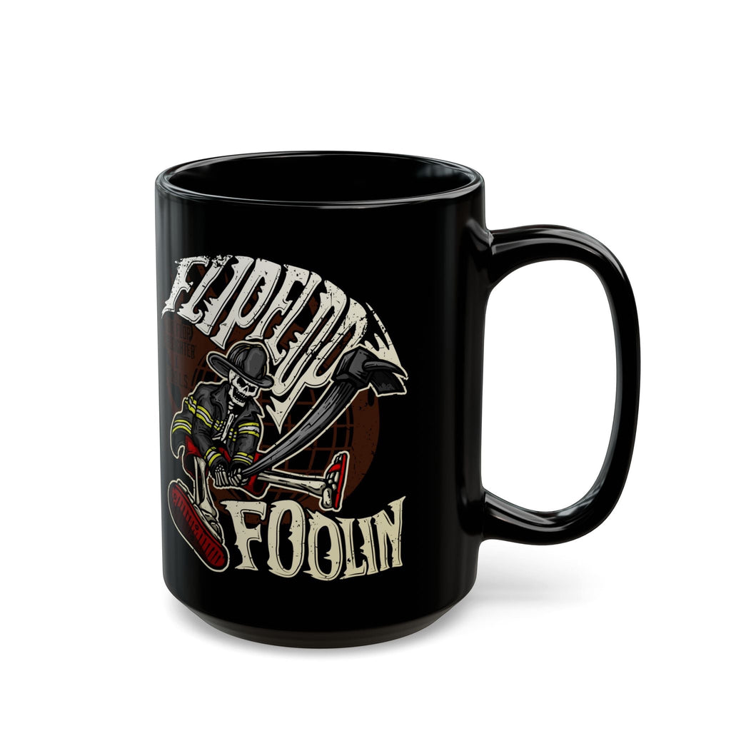 Flip Flop Firefighter glossy black ceramic coffee mug featuring a skeleton firefighter graphic with a halligan tool.