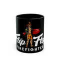 Flip Flop Firefighter glossy black ceramic coffee mug featuring a firefighter surfer graphic with a red surfboard.