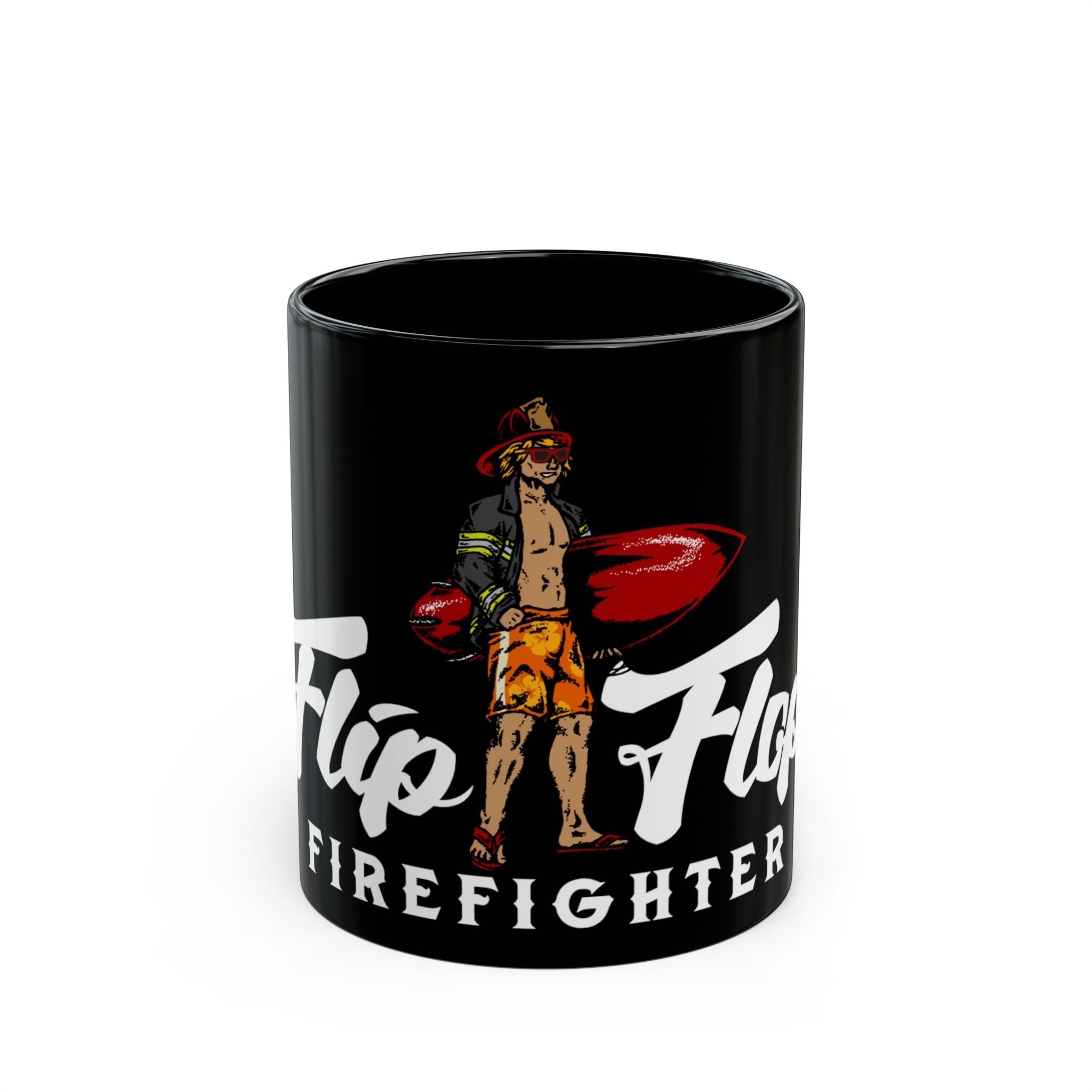 Flip Flop Firefighter glossy black ceramic coffee mug featuring a firefighter surfer graphic with a red surfboard.
