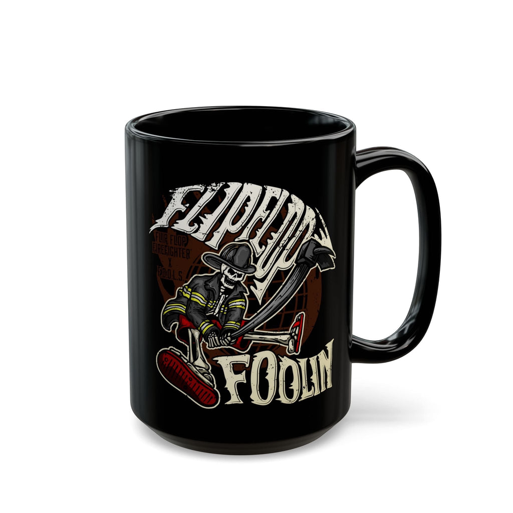 Flip Flop Firefighter glossy black ceramic mug featuring a skeleton firefighter graphic with Flippin Foolin text