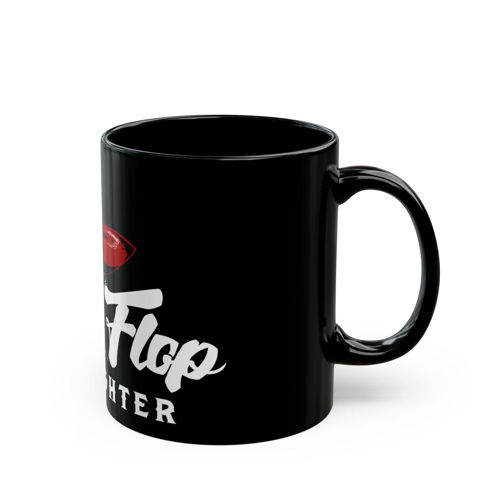 Flip Flop Firefighter glossy black ceramic coffee mug with white text and red graphic detail