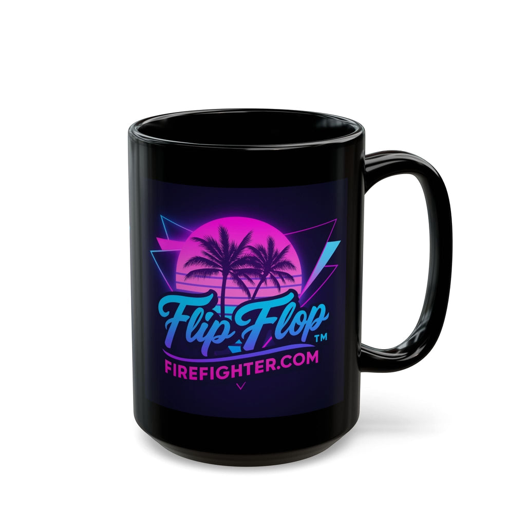 Flip Flop Firefighter black ceramic mug with neon retro palm tree sunset graphic and easy-grip handle