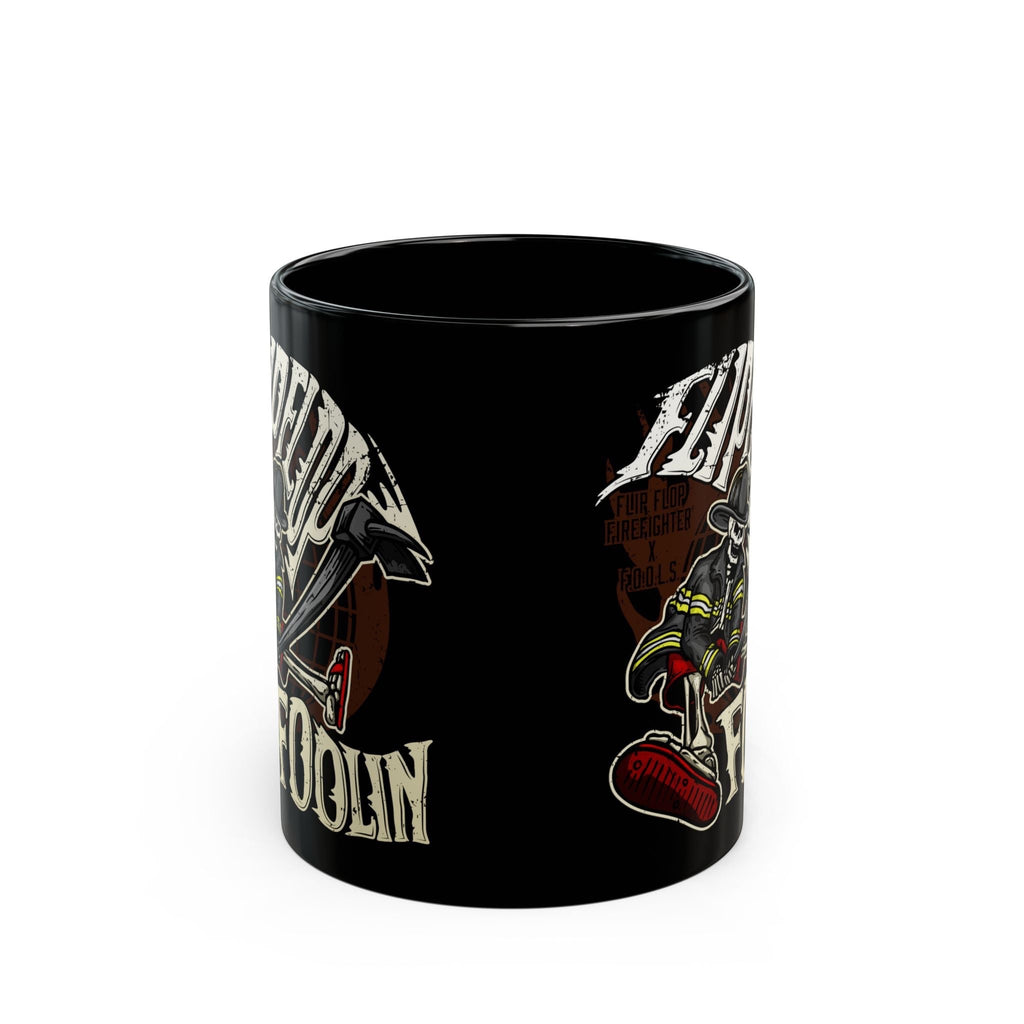 Flip Flop Firefighter black ceramic coffee mug featuring a graphic print of a firefighter skeleton with an axe.