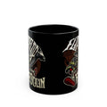 Flip Flop Firefighter black ceramic coffee mug featuring a graphic print of a firefighter skeleton with an axe.