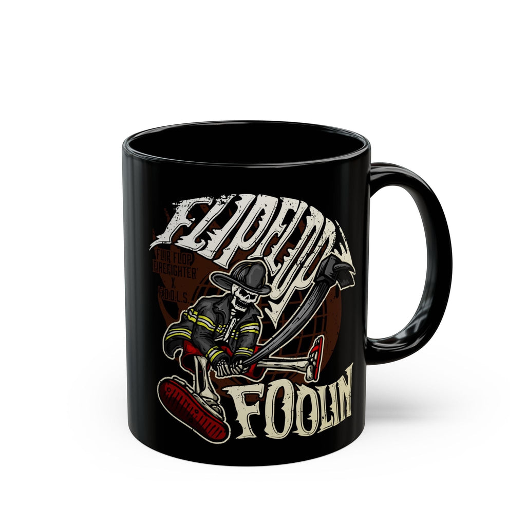 Flip Flop Firefighter glossy black ceramic coffee mug featuring a skeleton firefighter graphic with an axe.