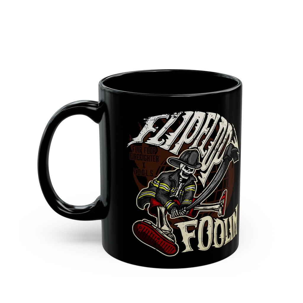 Flip Flop Firefighter glossy black ceramic coffee mug featuring a skeleton firefighter graphic with a flip flop.