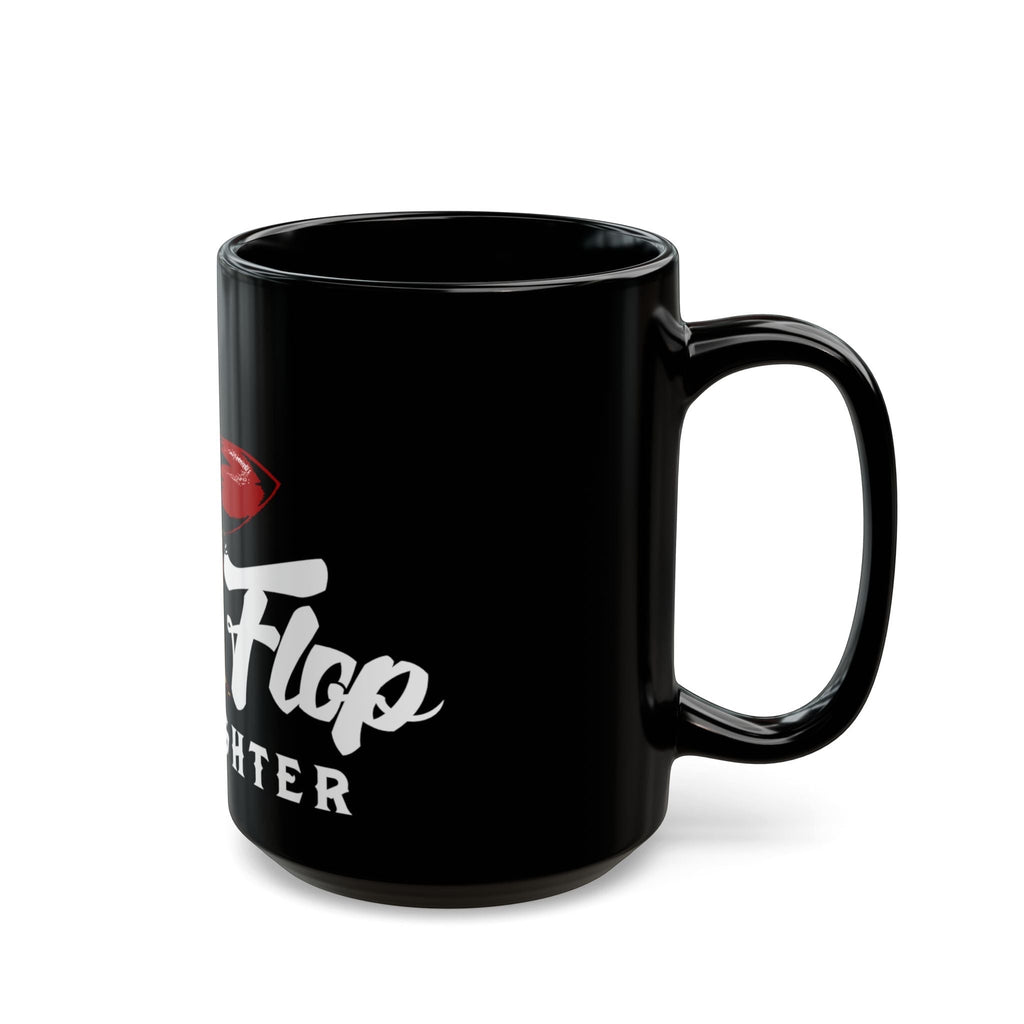 Flip Flop Firefighter glossy black ceramic coffee mug with white and red graphic print and C-shaped handle