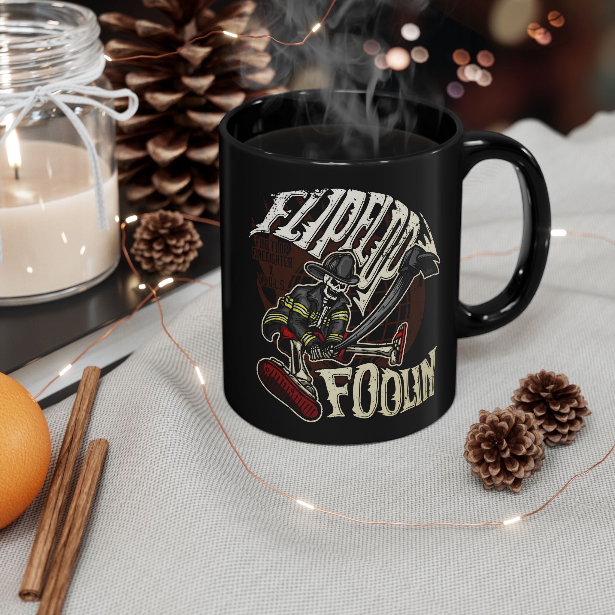 Flip Flop Firefighter glossy black ceramic coffee mug featuring a skeleton firefighter graphic with Flippin Foolin text