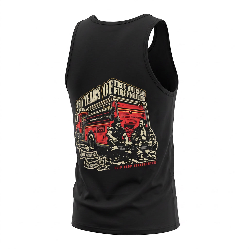 Flip Flop Firefighter black tank top featuring a vintage fire truck graphic with two firefighters sitting in front.