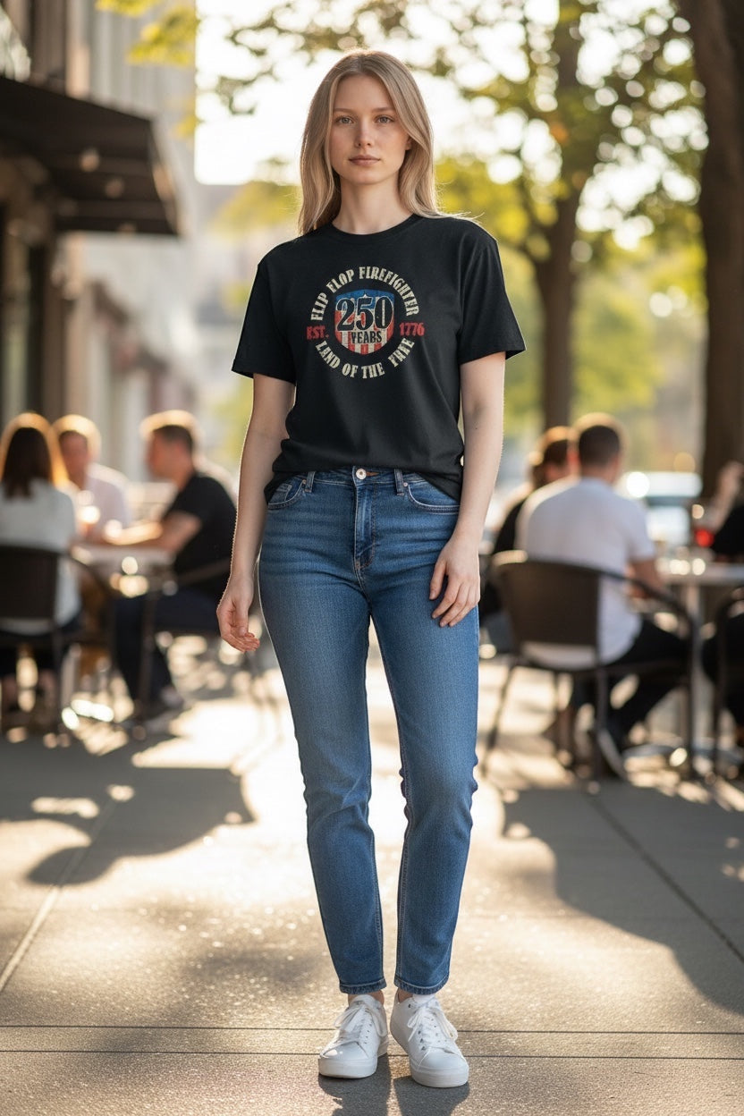 Flip Flop Firefighter black graphic t-shirt featuring a vintage 250 years American firefighting design on a woman