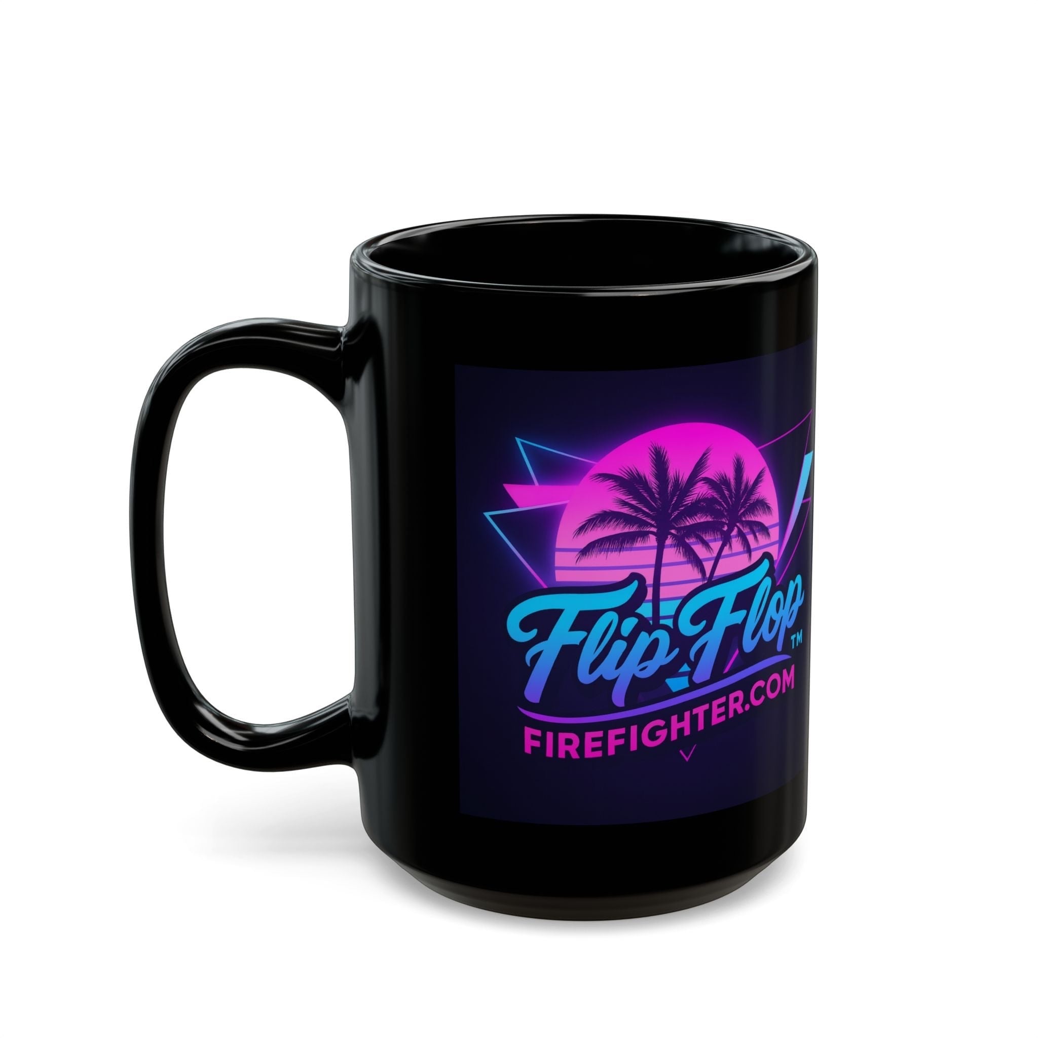 Flip Flop Firefighter black ceramic coffee mug featuring a vibrant neon Miami-style palm tree sunset graphic.