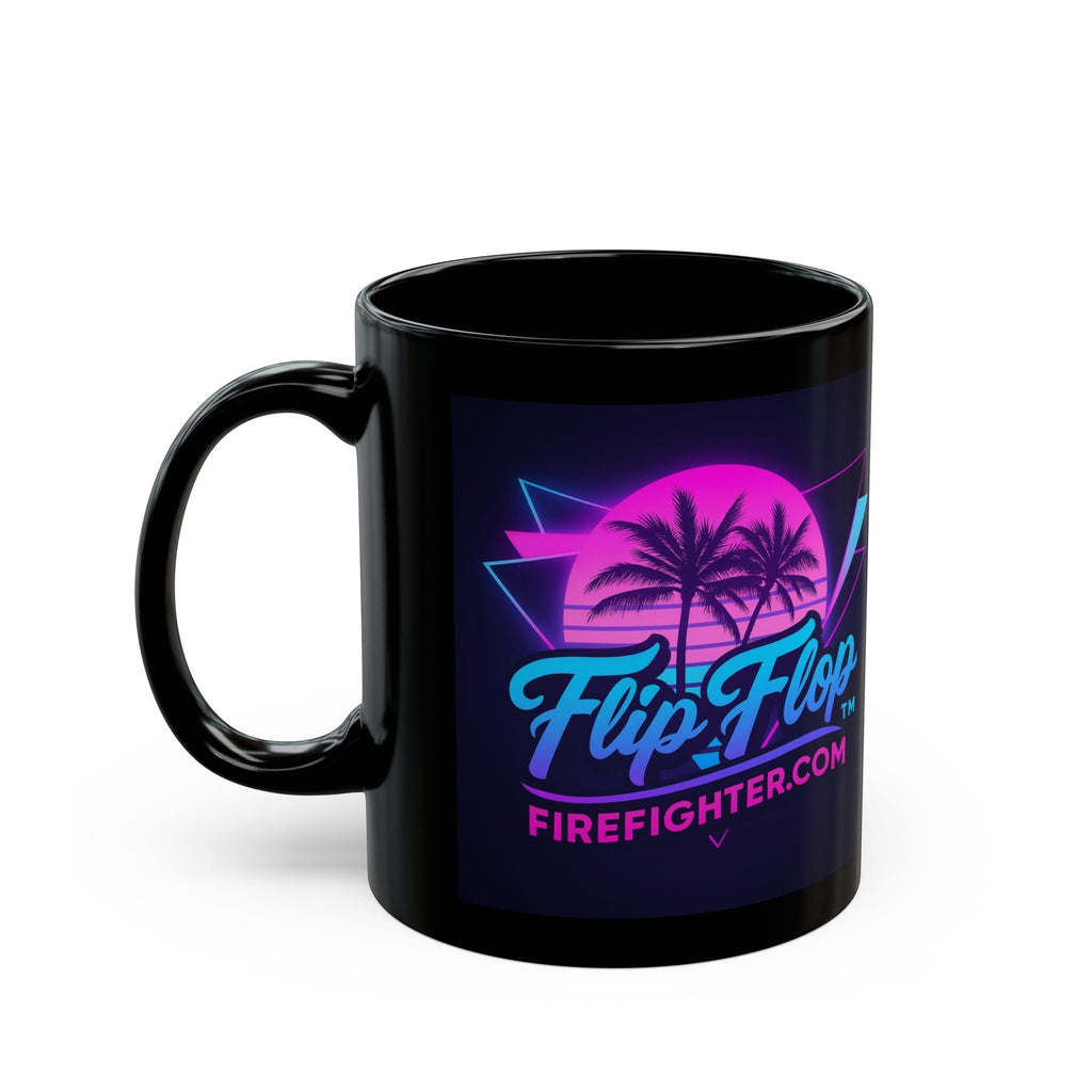 Flip Flop Firefighter black ceramic coffee mug with a vibrant neon Miami retro palm tree sunset graphic print