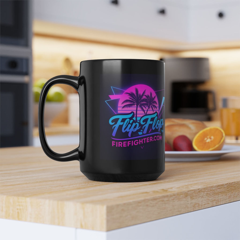Flip Flop Firefighter black ceramic coffee mug with vibrant neon Miami retro palm tree graphic on a kitchen counter.