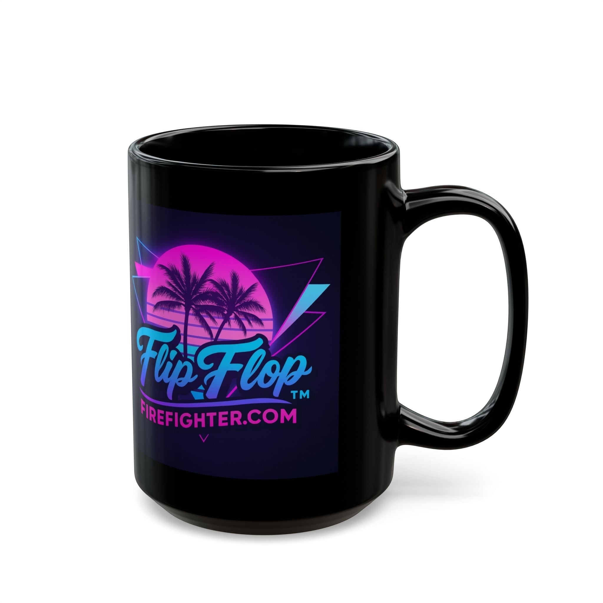 Flip Flop Firefighter black ceramic coffee mug featuring a vibrant neon retro palm tree sunset graphic design.